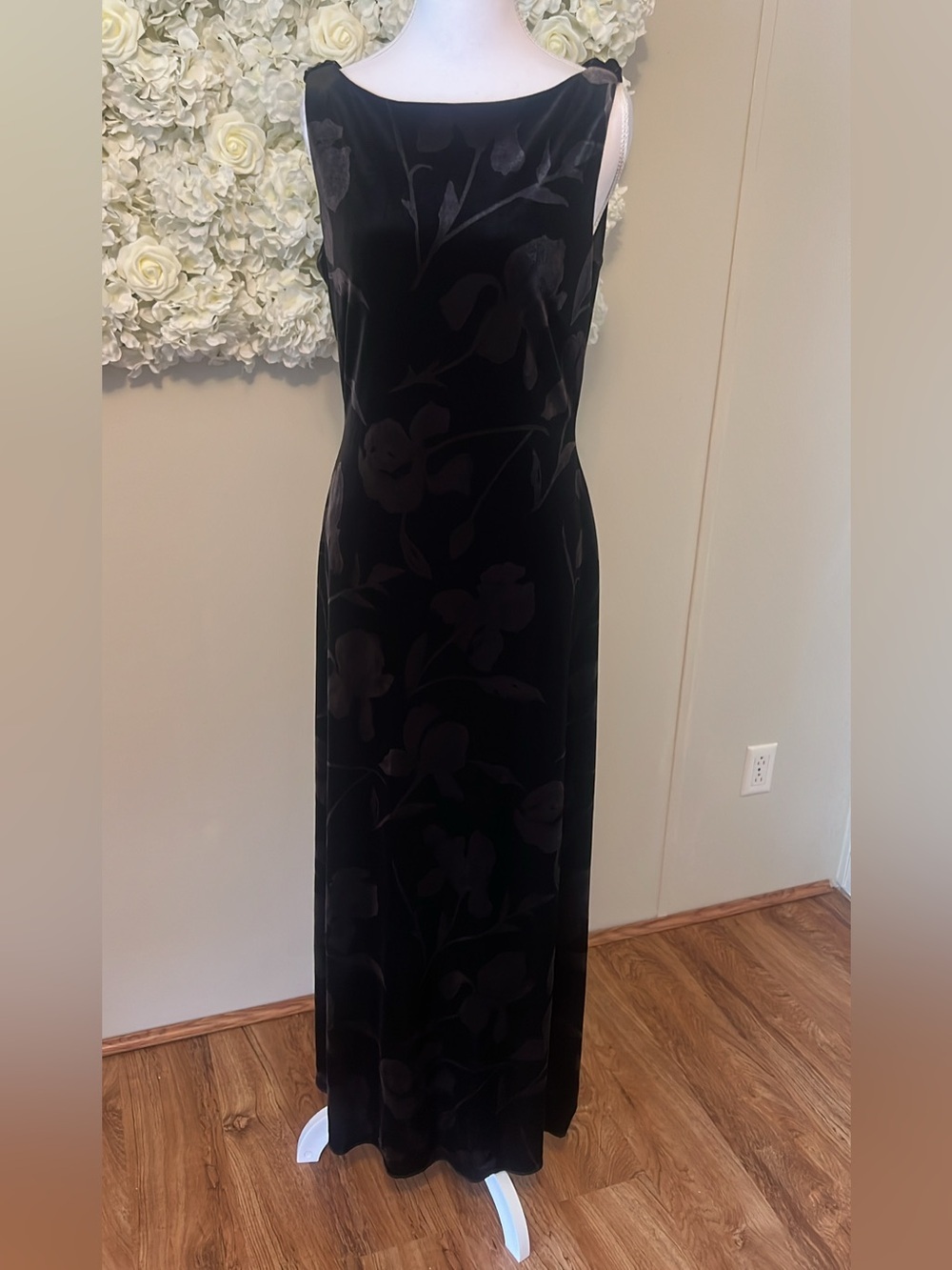 David Warren Vintage Black Floral Velvet Maxi Dress - Timeless Evening Gown